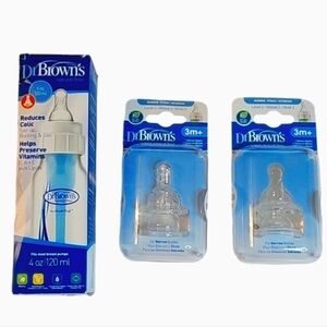 NEW Dr Brown's Natural Flow Anti-Colic 4 oz Baby Bottle & 2 NEW pkgs 3m+ Nipples